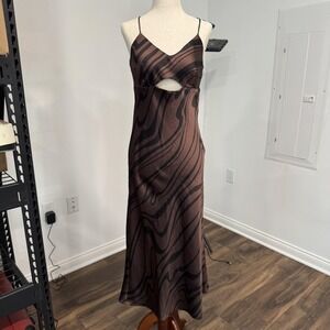 House Of Harlow 1960 Dress Womens Small Brown Satin Cut Out Slip Maxi Swirl